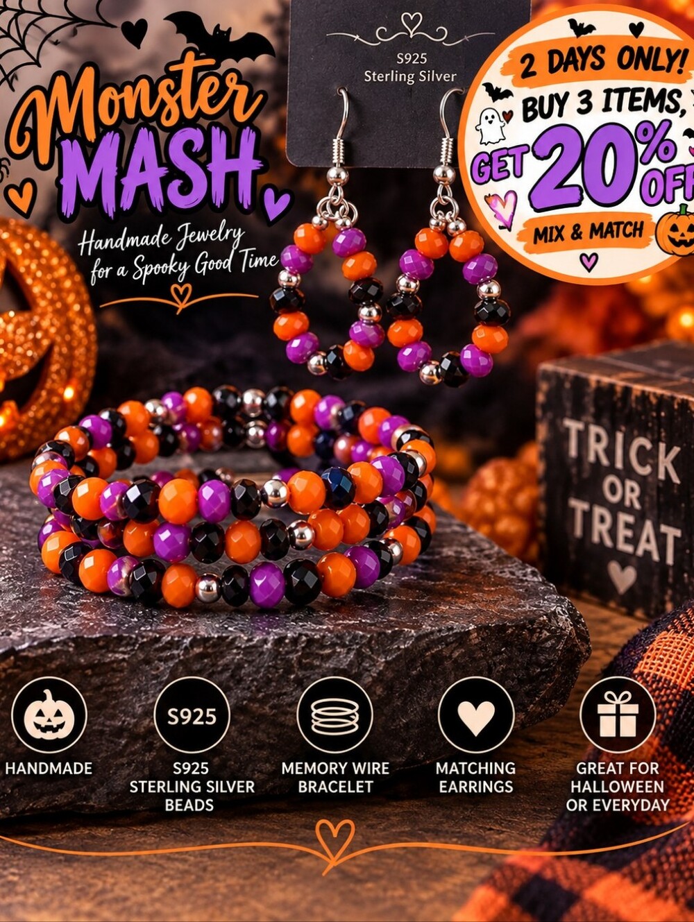 Monster Mash Halloween Beaded Bracelet & Earrings Set - Orange, Purple, Black